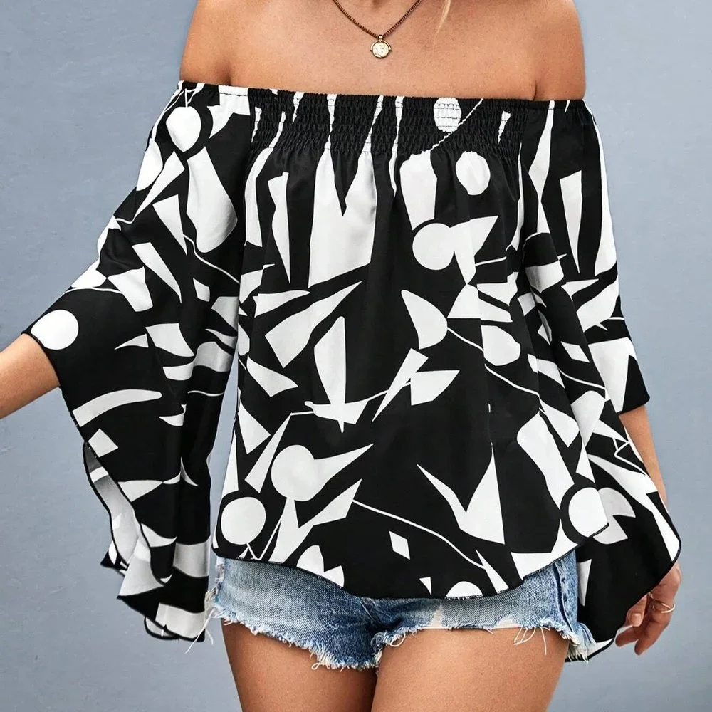 Black And White Boho Geo Print Off Shoulder Flounce Sleeve Blouse - Picture 3 of 5